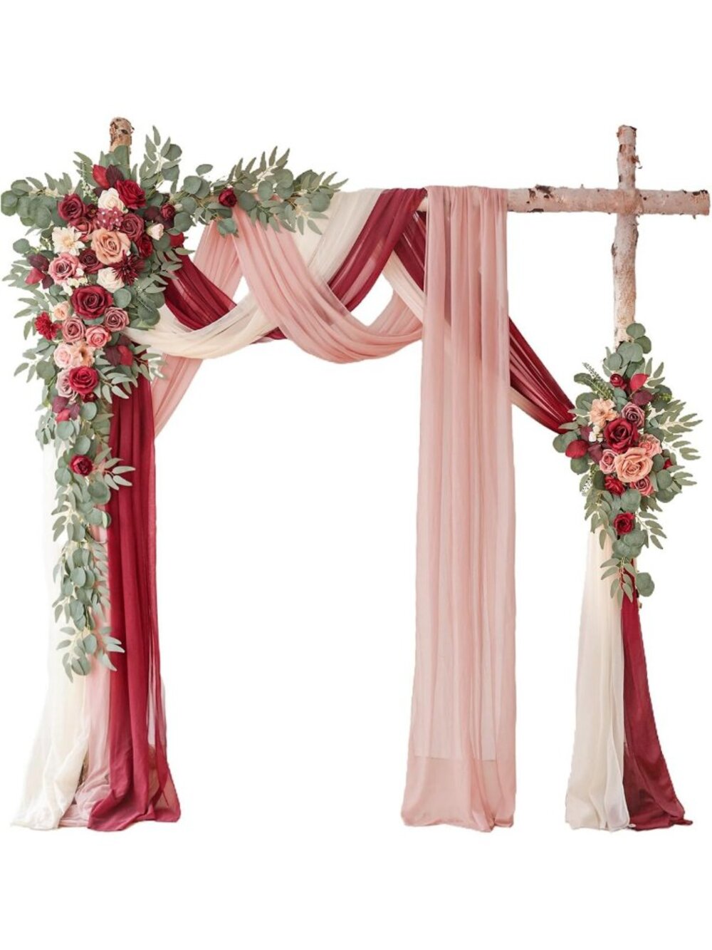Elegant Wine Red Wedding Arch Flowers Kit with Drapes - 5 Piece Floral Decor Set